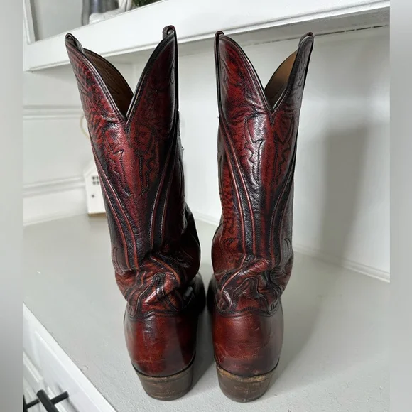 Vintage Lucchese Men’s 12B Cowboy Boots Brown Burgundy Handmade Leather Western - Picture 7 of 11